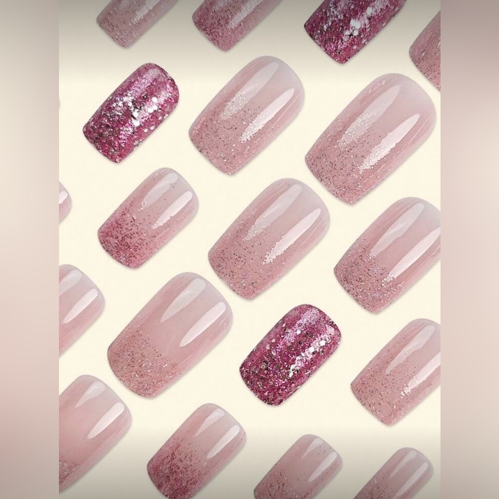 Pink, Plum & Silver Glitter Medium Square Nail Kit | Press-On | New
